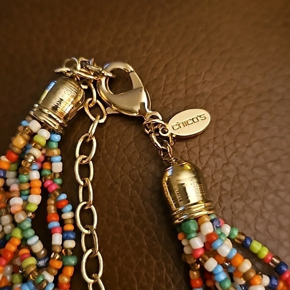 CHICO'S Hagen 9 Festive Rainbow Beaded Tassel Multi-strand Boho Fiesta Necklace